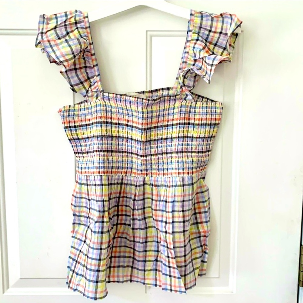 New LOFT smocked tank top ruched body ruffle shoulder plaid M NWT girlie